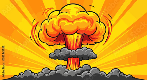 Cartoon illustration of a mushroom cloud explosion with vibrant orange and yellow hues against a radiant sunburst background.