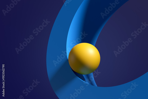 Yellow sphere rolling on blue geometric curve. Motion, equilibrium, movement or stability.