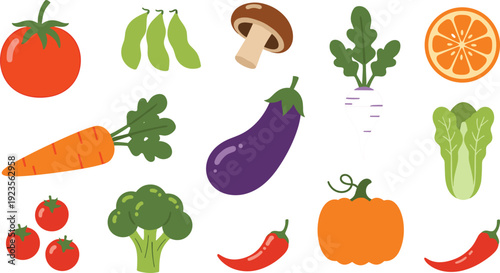 Colorful Flat Vegetable and Fruit Icons Set – Fresh Organic Healthy Food Vector
