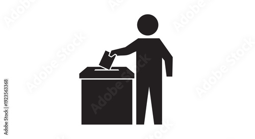 Person voting icon. Includes a silhouette of a person casting a ballot into a ballot box. Created in solid black and white style.