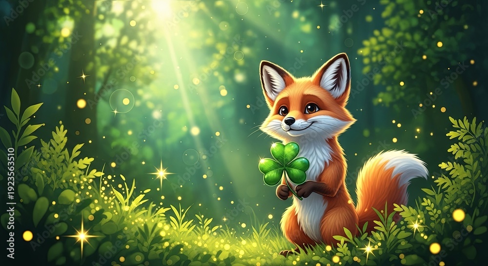 Fototapeta premium Cute fox holding a shamrock in a magical forest illustration. St. Patricks Day celebration graphic with glittering nature. Luck and charm concept.