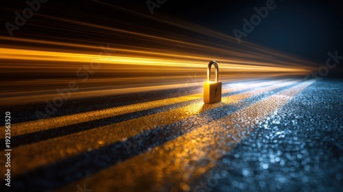 Shining Padlock on Dark Road Surrounded by Motion Blurs and Light Trails Symbolizing Security, Protection, and Safety in Modern World