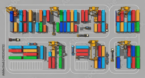 Aerial view of a busy container port with colorful cargo containers and cranes.