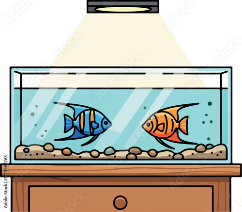 Illuminated Aquarium Tank Isolated Transparent Background Flat 2D Vector