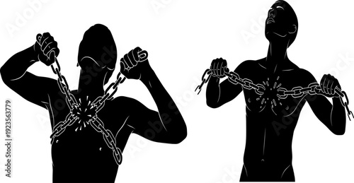 Human Silhouette Breaking Chains Symbolizing Freedom, Strength, Mental Health Recovery, Overcoming Struggles and Personal Empowerment Concept Illustration