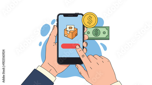 Hands holding a smartphone to complete an online purchase of a package with coins and cash symbols to illustrate mobile e-commerce trends.