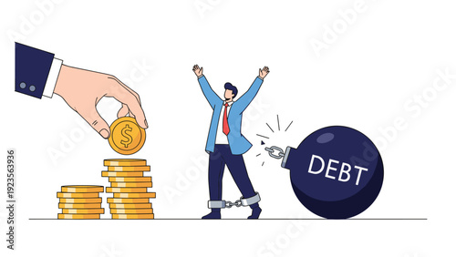 Businessman celebrating after breaking free from a ball and chain labeled debt while wealth grows with the help of an external financial hand.