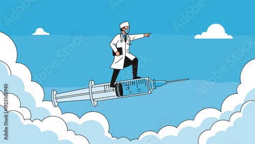 Doctor wearing a medical mask and white coat flying through the clouds on a giant syringe to represent vaccine delivery and health innovation.