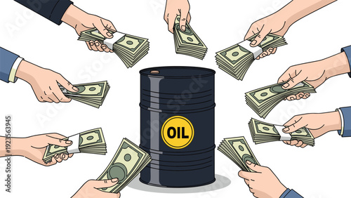 Multiple hands offering bundles of cash to a black oil barrel with a yellow label to represent the high costs and demand in the energy market.