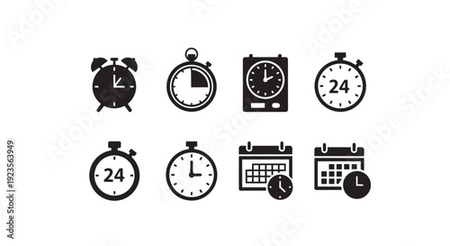 Time and date glyph icon collection. Includes alarm clock, stopwatch, timer, 24-hour clock, and calendar symbols. Created in solid black style with monochrome palette.