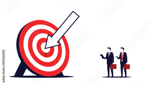 Two business partners observing a giant target with an arrow hitting the bullseye to illustrate successful strategy and meeting corporate goals.