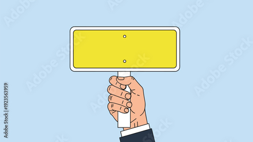 Hand holding up a large blank yellow rectangular sign with rounded corners against a clear blue background for custom text and messages.