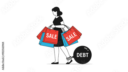 Woman carrying multiple sale shopping bags while being restricted by a heavy ball and chain labeled debt to represent overspending consequences.