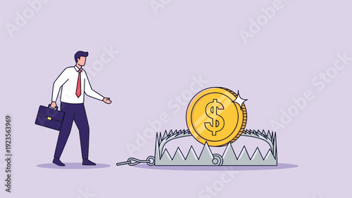 Businessman walking toward a large gold coin placed in a sharp metal trap to illustrate the dangers of high risk investments and financial scams.