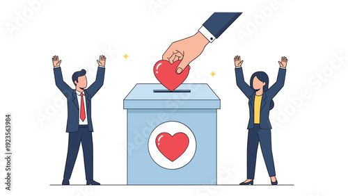 Person putting a heart into a ballot box with business people cheering to represent social voting, charitable donations, and corporate kindness.