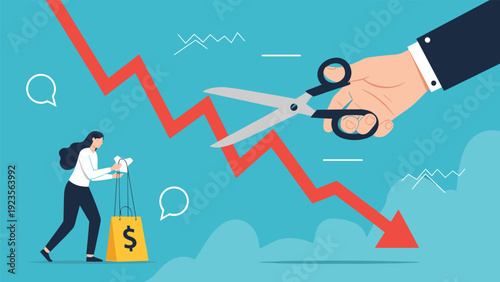 Giant hand using scissors to cut a falling red trend line while a woman with a dollar bag looks on representing budget cuts and saving money.