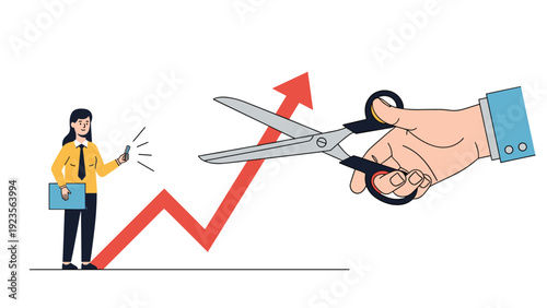 Massive hand with scissors cutting a rising red arrow next to a businesswoman to illustrate government regulation or stopping business growth.