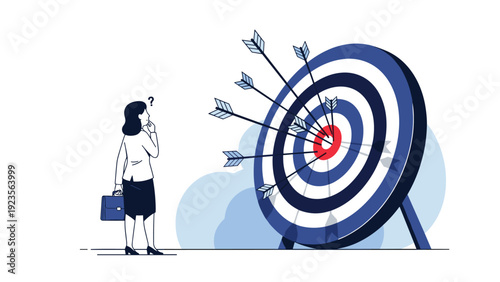 Confused businesswoman looking at a target board full of arrows that have missed the center to represent business failure and wrong strategies.