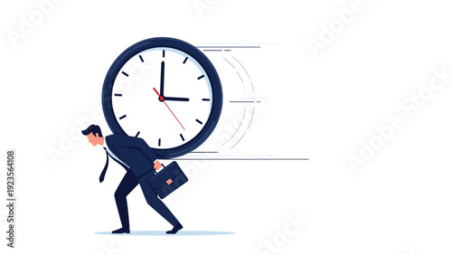 Tired businessman carrying a massive clock on his back as a symbol of the heavy burden of time and meeting strict professional deadlines.
