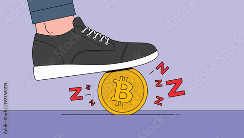 Large black shoe stepping on a golden bitcoin coin with sleeping symbols representing a stagnant cryptocurrency market and low investor interest.