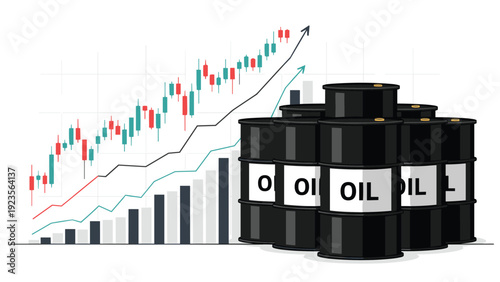 Group of black oil barrels positioned in front of a rising stock market candlestick chart and upward trend arrows to show energy price growth.