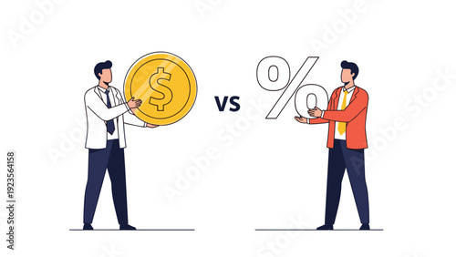 Comparison of two business professionals where one holds a giant golden dollar coin and the other holds a large percentage sign for analysis.