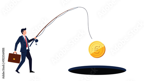 Professional man using a fishing rod to pull a golden euro coin out of a deep black hole as a rescue of funds and financial recovery effort.