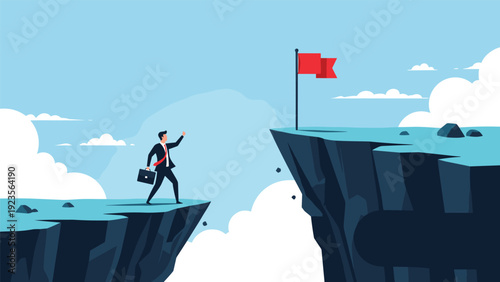 Brave businessman standing on a cliff edge looking across a gap toward a red flag representing a distant goal and future career achievement.