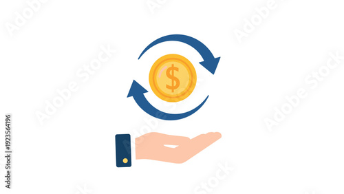 Golden dollar coin with rotating arrows hovering over an open palm representing healthy money circulation and positive business cash flow.