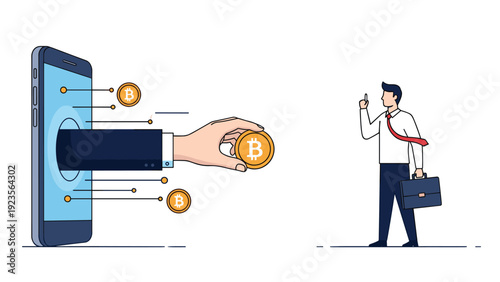 Digital hand emerging from a mobile smartphone screen to offer a golden bitcoin cryptocurrency coin to a businessman with a briefcase.