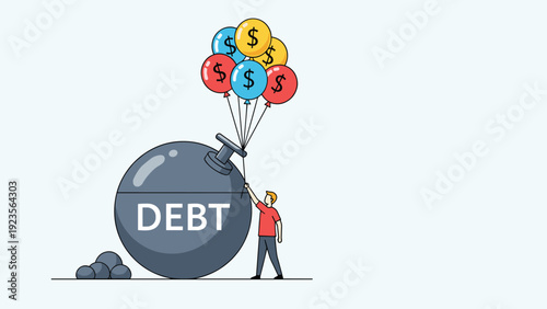 Man trying to lift a heavy spherical bomb labeled debt using a bunch of colorful balloons decorated with dollar currency symbols.