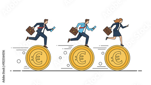 Group of business professionals in suits running fast on top of large rolling gold euro coins representing economic speed and growth.