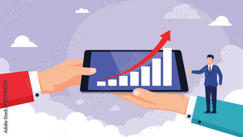Hands holding a digital tablet displaying a rising financial growth bar chart with a small businessman pointing towards the success.