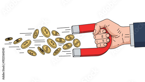 Large human hand holding a red horseshoe magnet to attract many golden dollar coins symbolizing powerful wealth and profit generation.