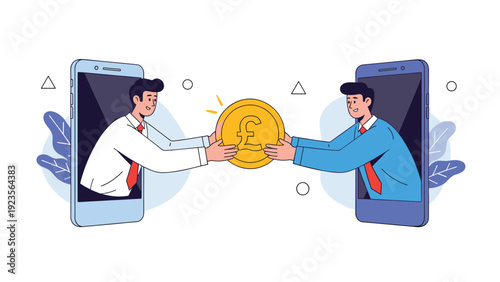 Two business professionals reaching out of their mobile phone screens to exchange a giant golden pound sterling currency coin together.