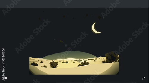 A serene desert landscape at night with a crescent moon shining brightly