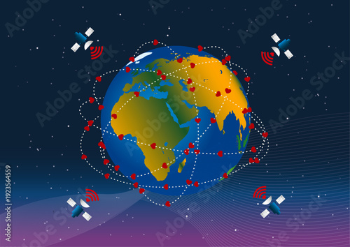 An abstract blue vector illustration of a global communication concept featuring the planet earth and a map of the world against a dark night sky filled with a galaxy of light and stars