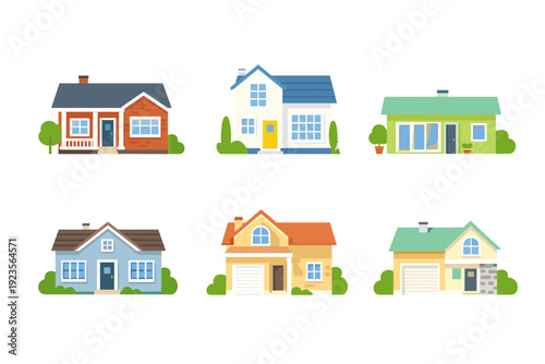 Six different houses in flat vector style, including brick bungalow, modern cottage and garage homes with shrubs and trees. Residential real estate set on white for listings and apps.