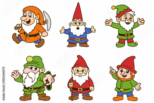 Six cheerful gnome and dwarf cartoon characters in colorful outfits, isolated on white. Fantasy garden and fairy tale mascot set for kids design.