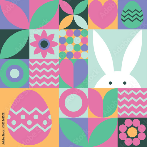 Easter bunny, egg and flower background. Geometric design with cartoon elements. Vector illustration