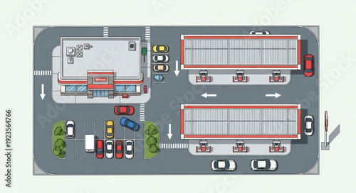Aerial view of a gas station with multiple fuel pumps and a convenience store.
