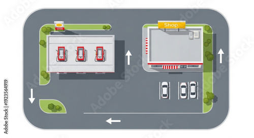 Aerial view of a modern gas station with cars and a car wash facility, road.