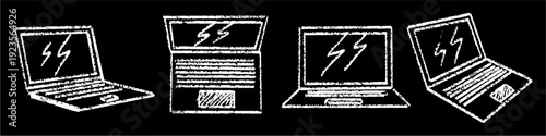 Collection of editable chalk drawing laptop vector for online learning platforms. Ideal for symbolizing digital education, virtual classrooms, and vintage tech study concepts.