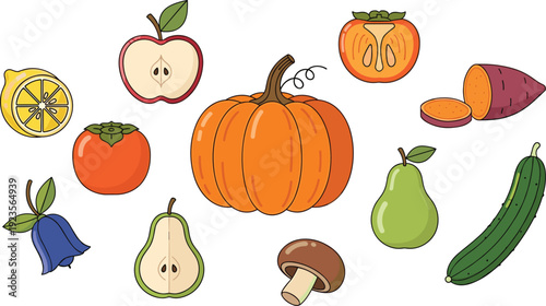 Autumn Fruits and Vegetables Collection Vector Illustration Set Featuring Pumpkin Apple Pear Persimmon Lemon Cucumber Mushroom and Sweet Potato