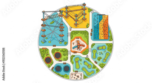 Colorful circular illustration of a park with various sections and features.