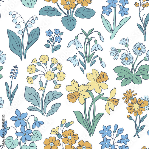 Seamless vector pattern with spring flowers. Hand drawn liberty floral design on isolated background. Snowdrop, crocus, hyacinth, primrose, daffodils, bluebell and violet.