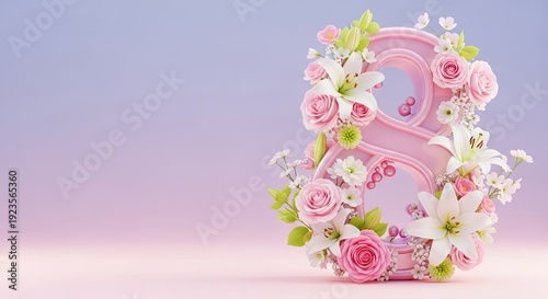 Pink number eight decorated with various spring flowers and leaves. International Womens Day March 8th celebration and congratulation card.