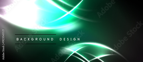 Abstract background features glowing lines, curves. Green, white hues create dynamic visual effect. Modern design element.