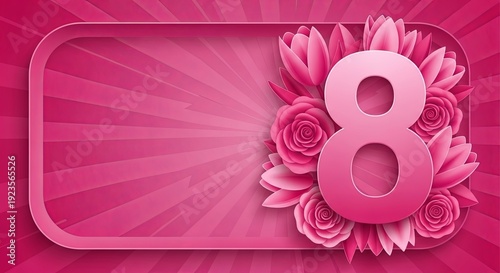 Pink number 8 with paper cut flowers and frame. Womens Day background. International Womens Day concept for greeting card.