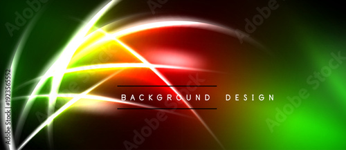 Abstract neon lines create vibrant energy. Green, red, yellow hues blend with dark background. Modern design element.
